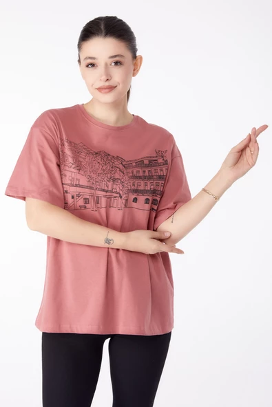 Düz Bisiklet Yaka Kadın Pembe Baskılı Kısa Kollu T-Shirt  - 25389