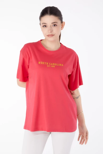 Düz Bisiklet Yaka Kadın Fuşya Baskılı Kısa Kollu T-Shirt  - 25400