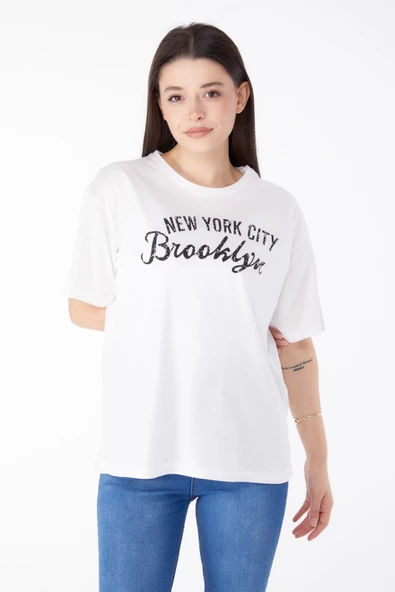 Düz Bisiklet Yaka Kadın Beyaz Baskılı Kısa Kollu T-Shirt  - 25386