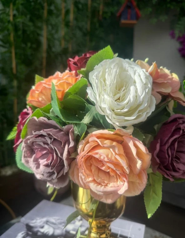 Nettenevime Yapay Çiçek Pastel Şakayık Aranjmanı Gold Şamdan Vazolu Masa Üstü Çiçeği Arajman - Resim 3