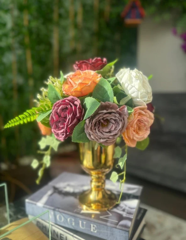 Nettenevime Yapay Çiçek Pastel Şakayık Aranjmanı Gold Şamdan Vazolu Masa Üstü Çiçeği Arajman - Resim 5