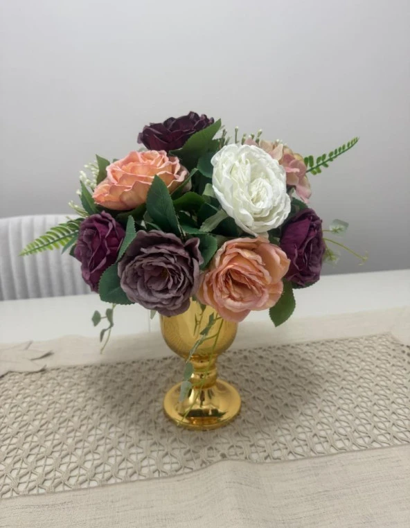 Nettenevime Yapay Çiçek Pastel Şakayık Aranjmanı Gold Şamdan Vazolu Masa Üstü Çiçeği Arajman - Resim 6