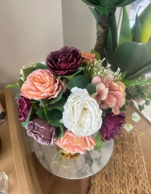 Nettenevime Yapay Çiçek Pastel Şakayık Aranjmanı Gold Şamdan Vazolu Masa Üstü Çiçeği Arajman - Resim 7