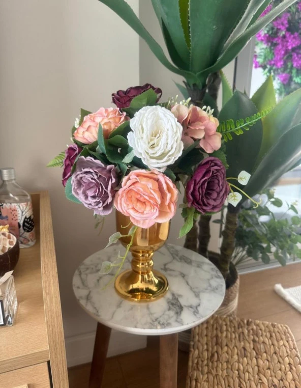 Nettenevime Yapay Çiçek Pastel Şakayık Aranjmanı Gold Şamdan Vazolu Masa Üstü Çiçeği Arajman - Resim 8