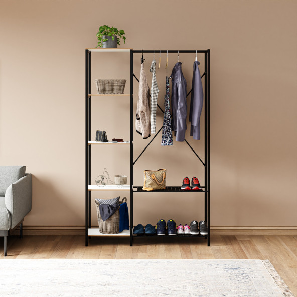 Eportatif Çok Amaçlı Metal Ayaklı Raflı Dolap Ayakkabılık Portatif Portmanto Gardırop Beyaz 1371