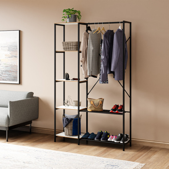 Eportatif Çok Amaçlı Metal Ayaklı Raflı Dolap Ayakkabılık Portatif Portmanto Gardırop Beyaz 1371 - 2