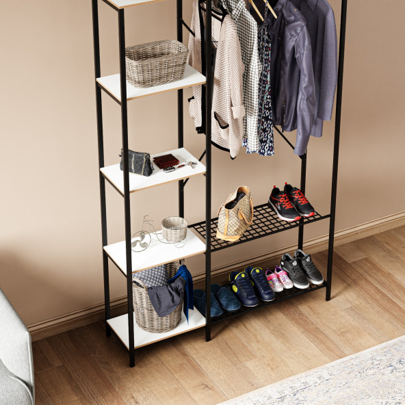 Eportatif Çok Amaçlı Metal Ayaklı Raflı Dolap Ayakkabılık Portatif Portmanto Gardırop Beyaz 1371 - 3