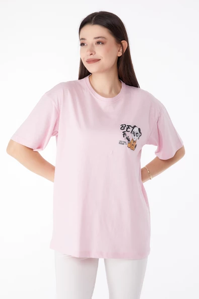 Düz Bisiklet Yaka Kadın Pembe Baskılı T-shirt - 25286