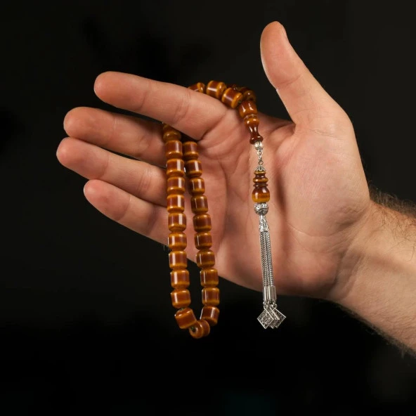 925 Ayar Gümüş Püsküllü Sıkma Kehribar Tesbih ürün görseli 1