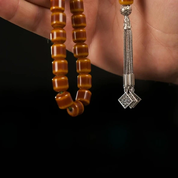 925 Ayar Gümüş Püsküllü Sıkma Kehribar Tesbih - Resim 2