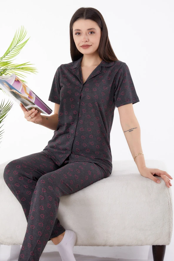 Düz Gömlek Yaka Kadın Antrasit Pijama Takımı - 25272