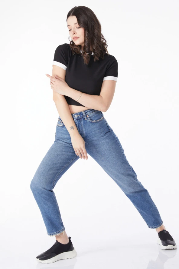 Düz Orta Kadın Mavi Mom Jeans Kot Pantolon - 50009