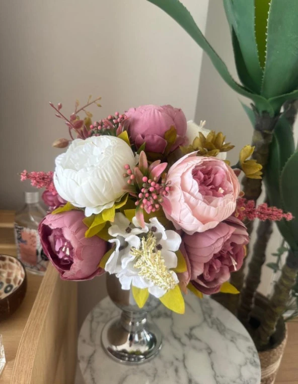 Nettenevime Yapay Çiçek Pastel Pudra Pembe Krem Şakayık Aranjmanı Gold Şamdan Vazolu Masa Üstü Çiçeği Arajman - Resim 2