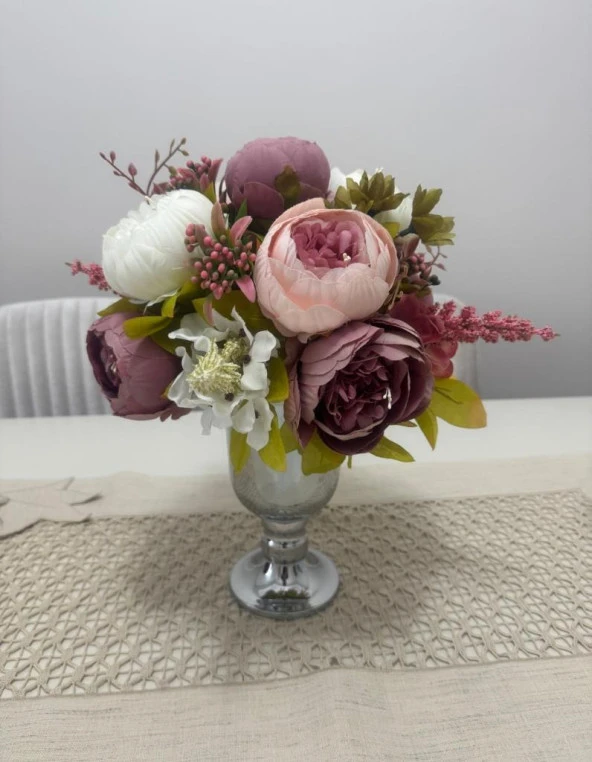 Nettenevime Yapay Çiçek Pastel Pudra Pembe Krem Şakayık Aranjmanı Gold Şamdan Vazolu Masa Üstü Çiçeği Arajman - Resim 4