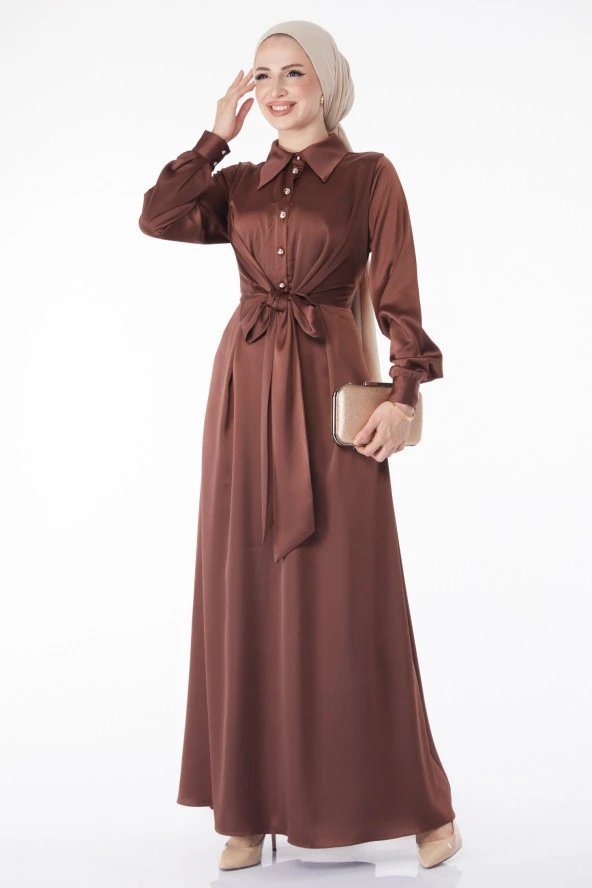Düz Gömlek Yaka Kadın Kahverengi Çapraz Kemer Detaylı Abiye Elbise - 25211