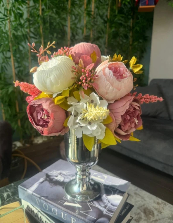 Nettenevime Yapay Çiçek Pastel Pudra Pembe Krem Şakayık Aranjmanı Gold Şamdan Vazolu Masa Üstü Çiçeği Arajman - Resim 7