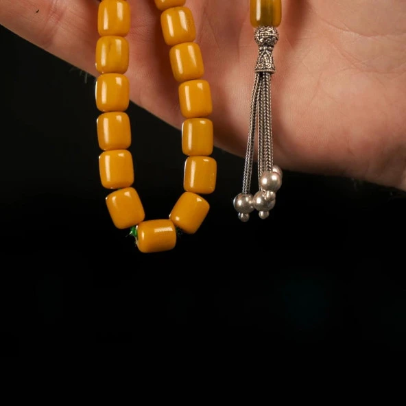 925 Ayar Gümüş Püsküllü Sıkma Kehribar Tesbih - Resim 3