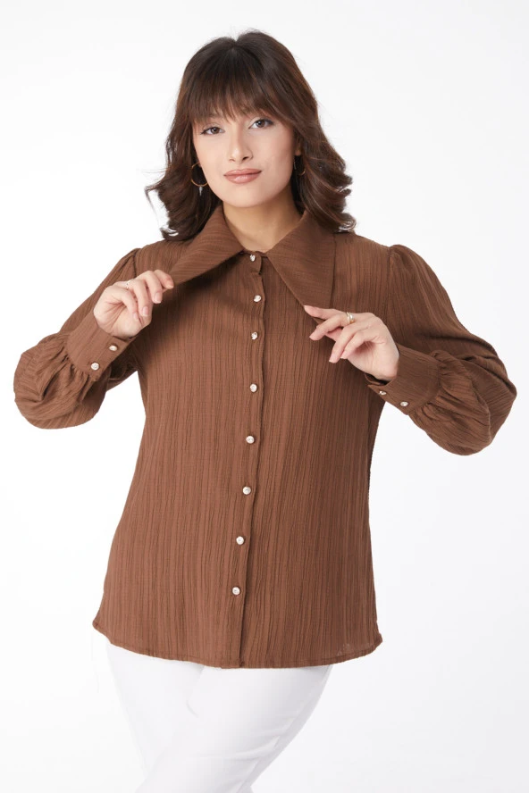 Düz Gömlek Yaka Kadın Kahverengi Gömlek - 25097