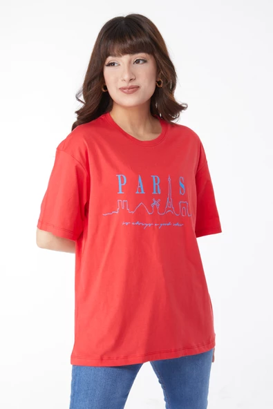 Düz Bisiklet Yaka Kadın Kırmızı Baskılı T-shirt - 25170