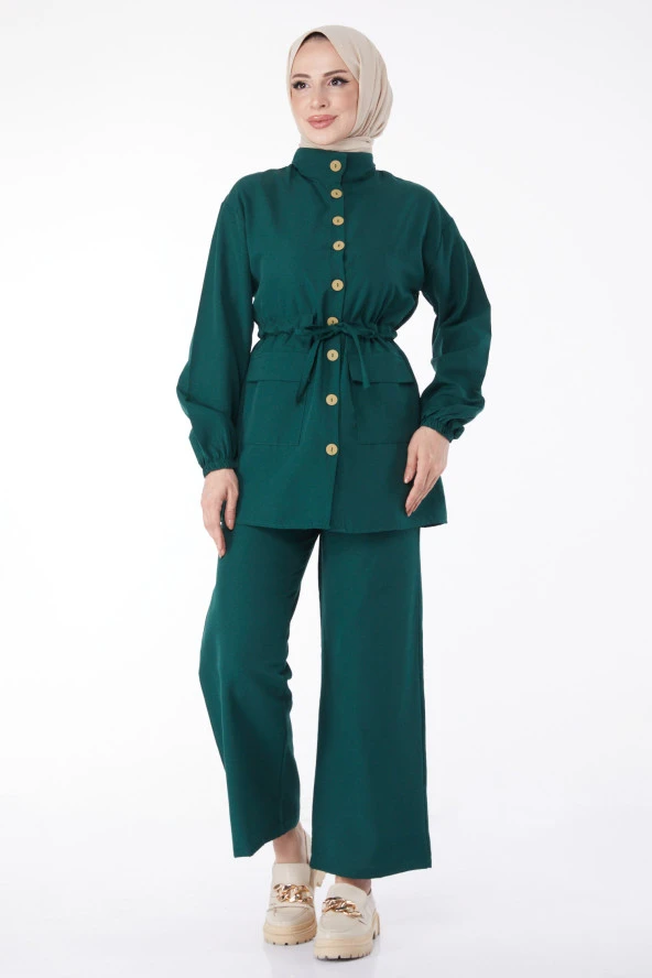 Düz Gömlek Yaka Kadın Yeşil Belden Bağcıklı Cepli İkili Takım - 13143