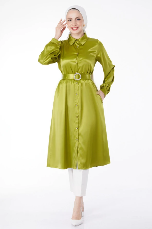 Düz Gömlek Yaka Kadın Yeşil Parlak Kemerli Elbise - 24960