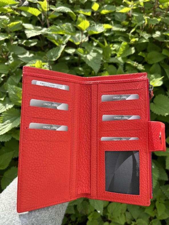 SANLINE Hakiki Deri Telefon Bölmeli Kadın Cüzdan - El Portföyü Kırmızı - 2