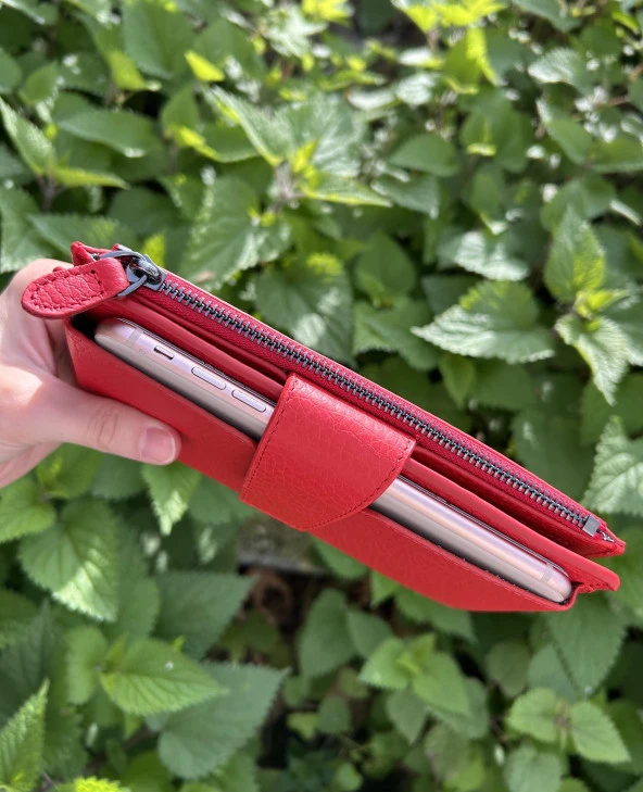 SANLINE Hakiki Deri Telefon Bölmeli Kadın Cüzdan - El Portföyü Kırmızı - 3