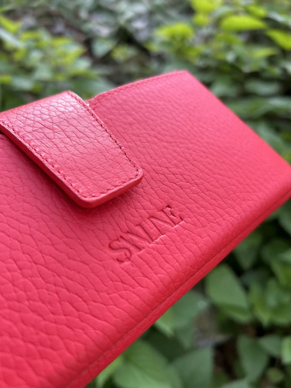 SANLINE Hakiki Deri Telefon Bölmeli Kadın Cüzdan - El Portföyü Kırmızı - 5