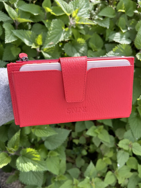 SANLINE Hakiki Deri Telefon Bölmeli Kadın Cüzdan - El Portföyü Kırmızı - 6
