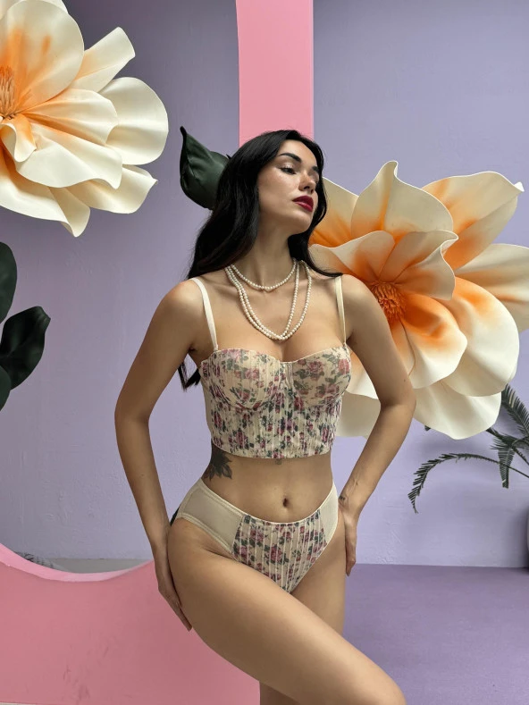 Simli Çiçek Desenli Destekli  Büstiyer Takım Cansoy - 682 - 3