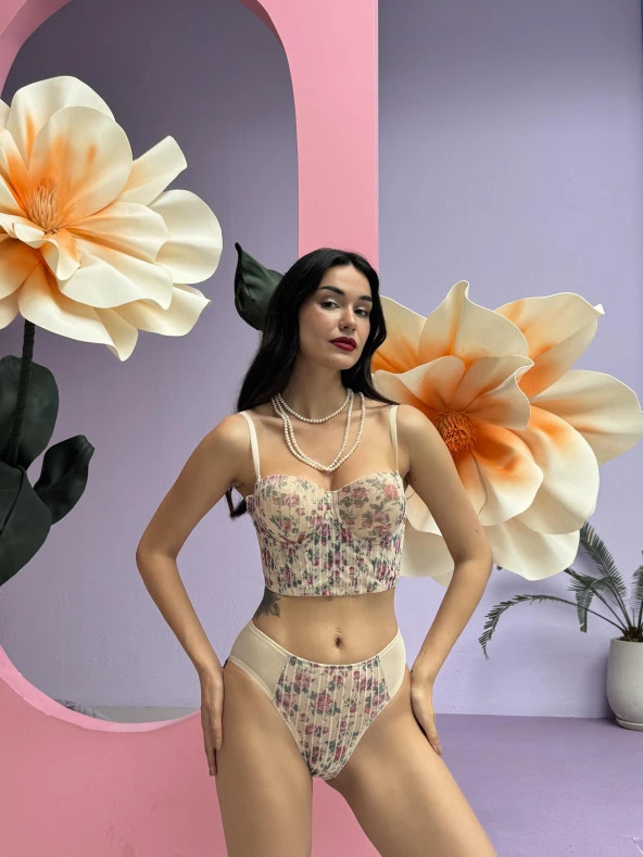 Simli Çiçek Desenli Destekli  Büstiyer Takım Cansoy - 682 - 5