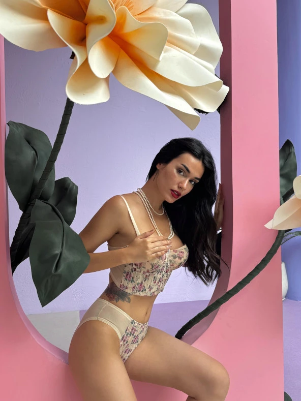 Simli Çiçek Desenli Destekli  Büstiyer Takım Cansoy - 682 - 8