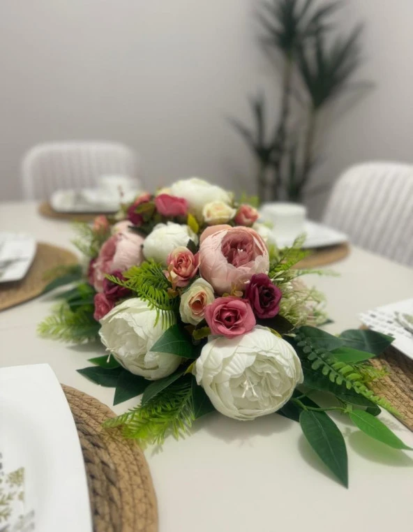 Yapay Çiçek Yemek Masası Çiçeği Pembe Şakayık ve Gül Yapay Masa Çiçeği - 7