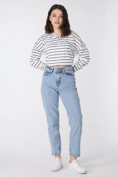 Düz Orta Kadın Mavi Yüksek Bel Mom Jeans - 23669