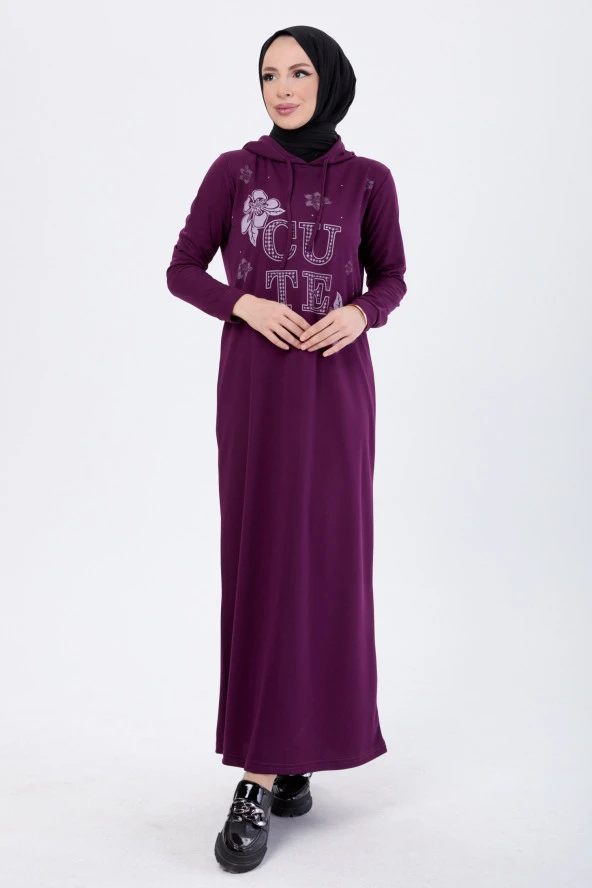 Düz Kapşonlu Yaka Kadın Mor Elbise - 13099