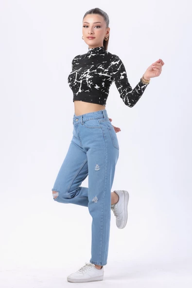 Düz Orta Kadın Mavi Mom Jeans Kot Pantolon - 23809