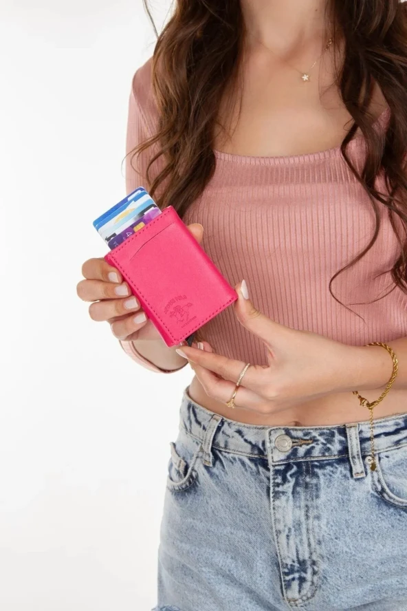 Unisex Pembe Suni Deri Mekanizmalı Otomatik Kızaklı Kartlık Cüzdan - 6