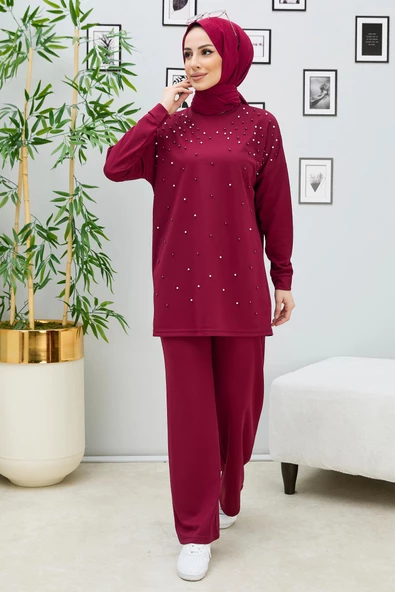 Düz Bisiklet Yaka Kadın Bordo Tunik Pantolon - 11334