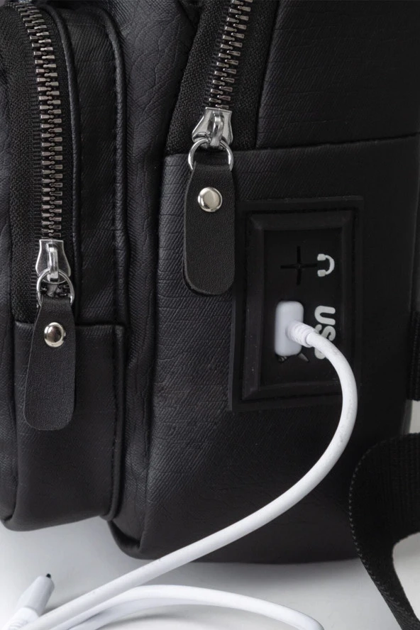 Yıkama Deri Göğüs Çantası Kulaklık Ve Şarj Çıkışlı Tek Kol Çarpraz Bodybag Mini Sırt Çanta - 4