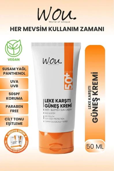 WOU World of Unique Wou Leke Karşıtı Yüksek Koruma Güneş Kremi Spf50 50 ml