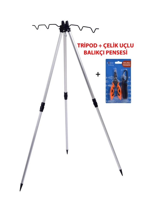 Exent Pense + 3 Ayaklı Alüminyum Teleskopik, katlanabilir hafif kamış ve olta dayama Sehpası (Tripod)