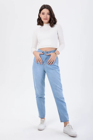 Düz Orta Kadın Mavi Yüksek Bel Mom Jeans - 23668