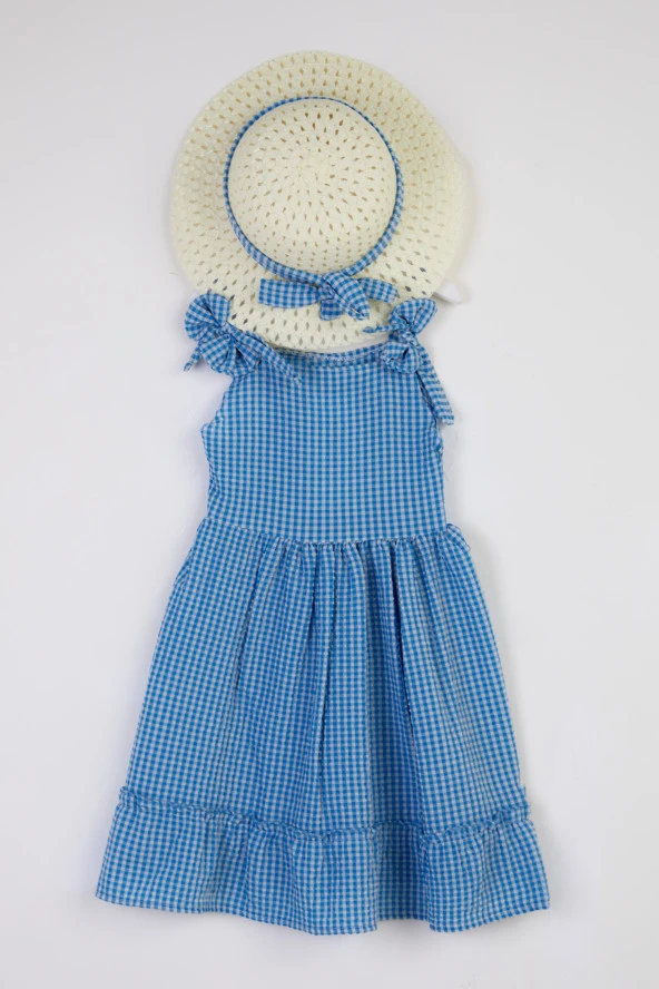 Kız Çocuk Mavi Hasır Şapkalı Elbise - 25340