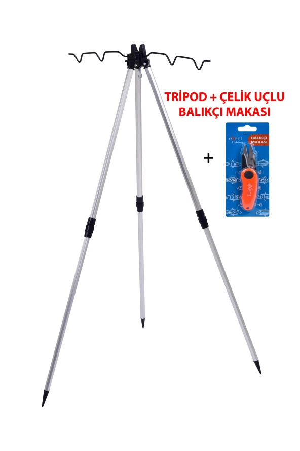 Exent Makas + 3 Ayaklı Alüminyum Teleskopik, katlanabilir hafif kamış ve olta dayama Sehpası (Tripod)