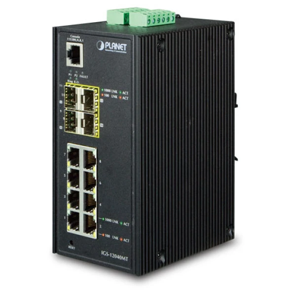 Endüstriyel Tip Yönetilebilen Switch (Industrial Managed Switch)<br>8-Port 10/100/1000Base-T<br> 4 x 1000BASE-SX/LX/BX SFP/mini-GBIC yuva (Port-9 ile Port-12 arası), 100Base-FX SFP uyumlu<br>IP30, -40~75 Derece C<br>1 x Konsol port