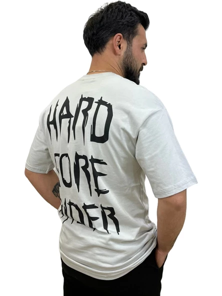 Erkek Hardcore Oversize Bisiklet Yaka Açık Gri Tişört - 3