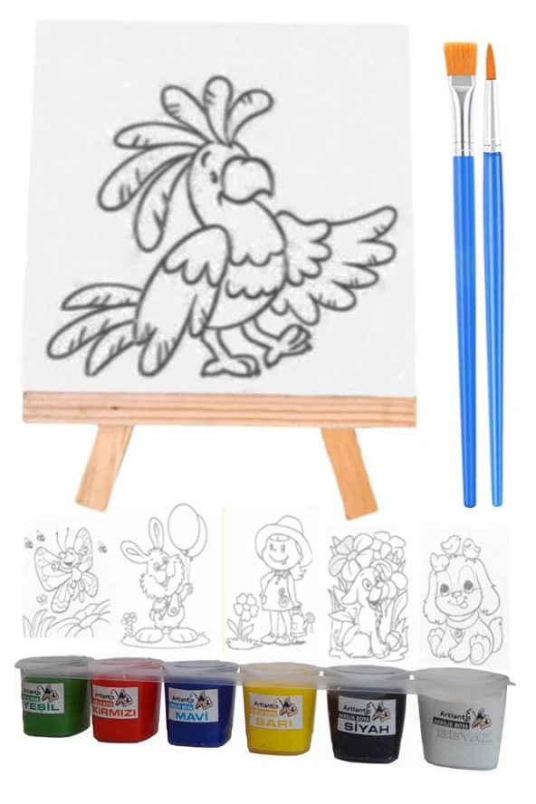 Mini Boyama Seti 6 Farklı Model 15x15cm Kompozit Plaka 6 Renk Akrilik Boya Mini Şövale Seti Fırça