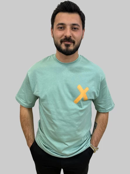 Erkek Crossed Out Oversize Bisiklet Yaka Mint Yeşili Tişört