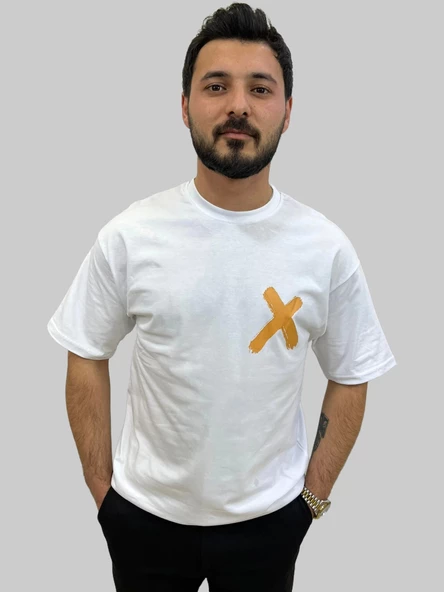 Erkek Crossed Out Oversize Bisiklet Yaka Beyaz Tişört - 5