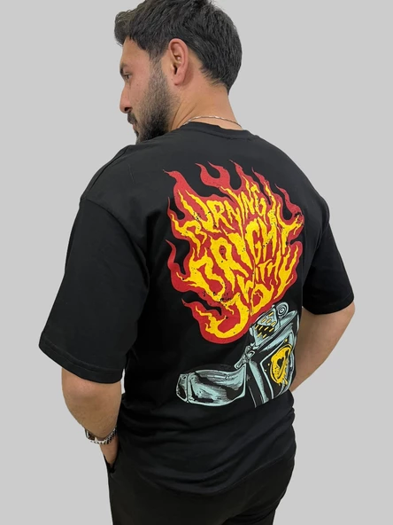 Erkek Burning Oversize Bisiklet Yaka Siyah Tişört